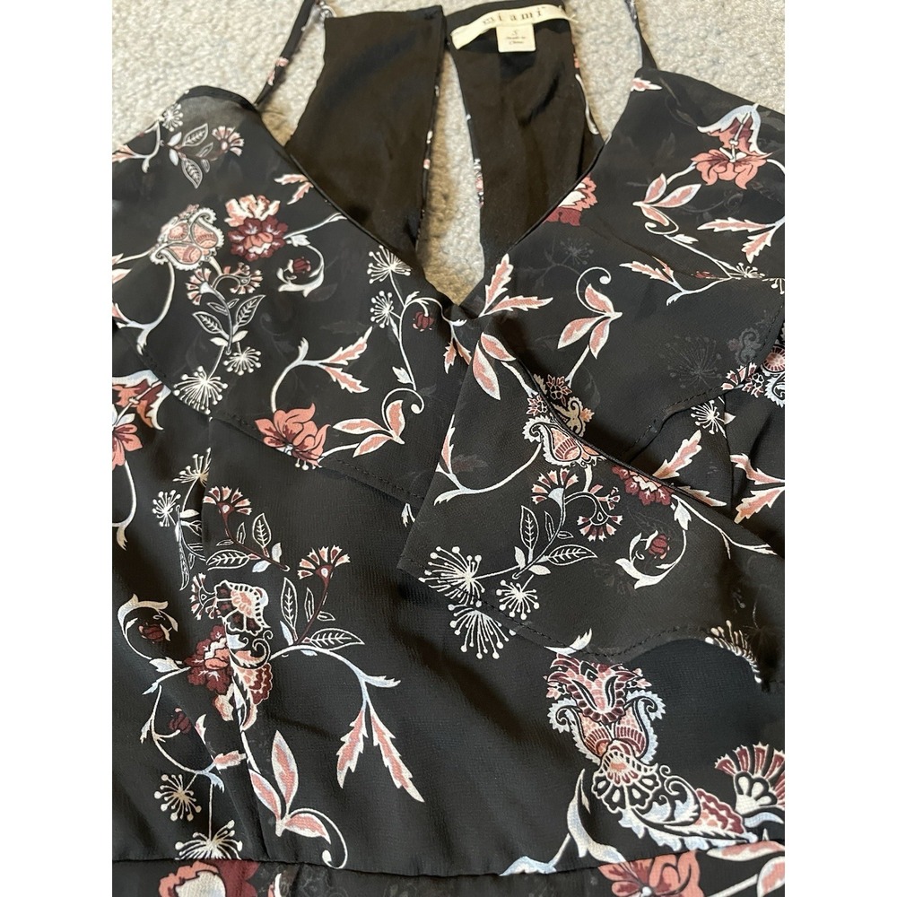 Francesca's Mi Ami Faux Wrap Dress Sz S Black Pink Floral Ruffles City Clubwear - Picture 5 of 14